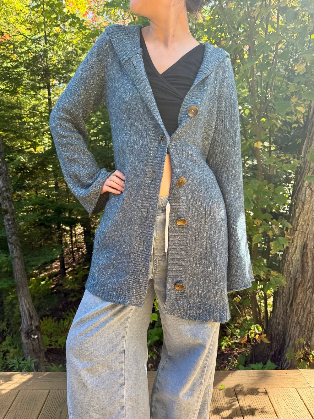 prAna Blue Marled Knit Hooded Cardigan Flare Sleeve Button Front Relaxed- Small